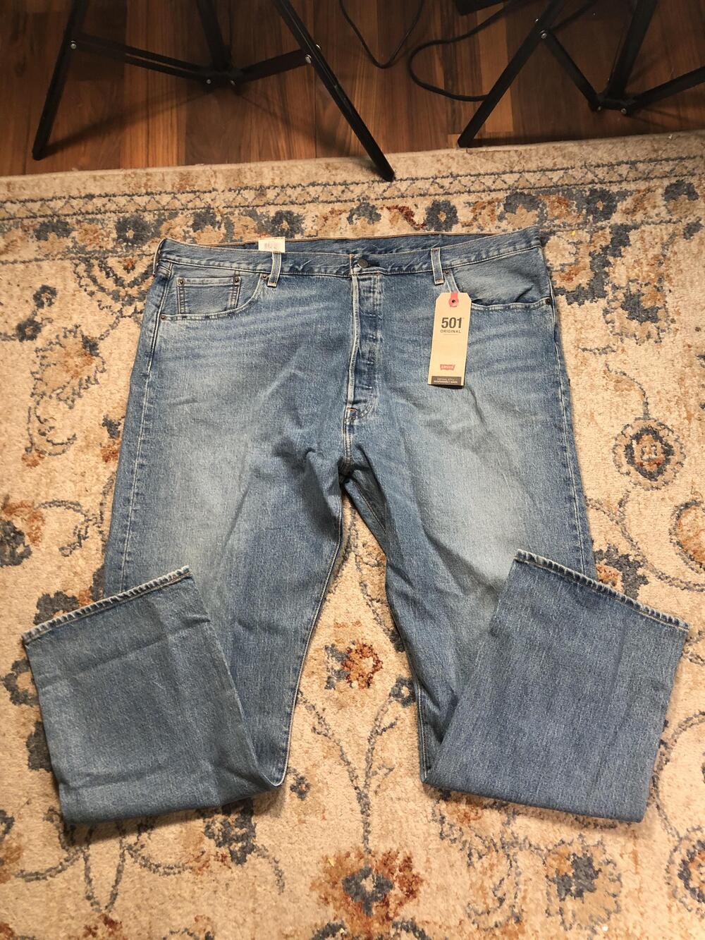 Levis 501 Jeans Mens 44x30 Blue Medium Wash Straight Stretch Button Fly Denim